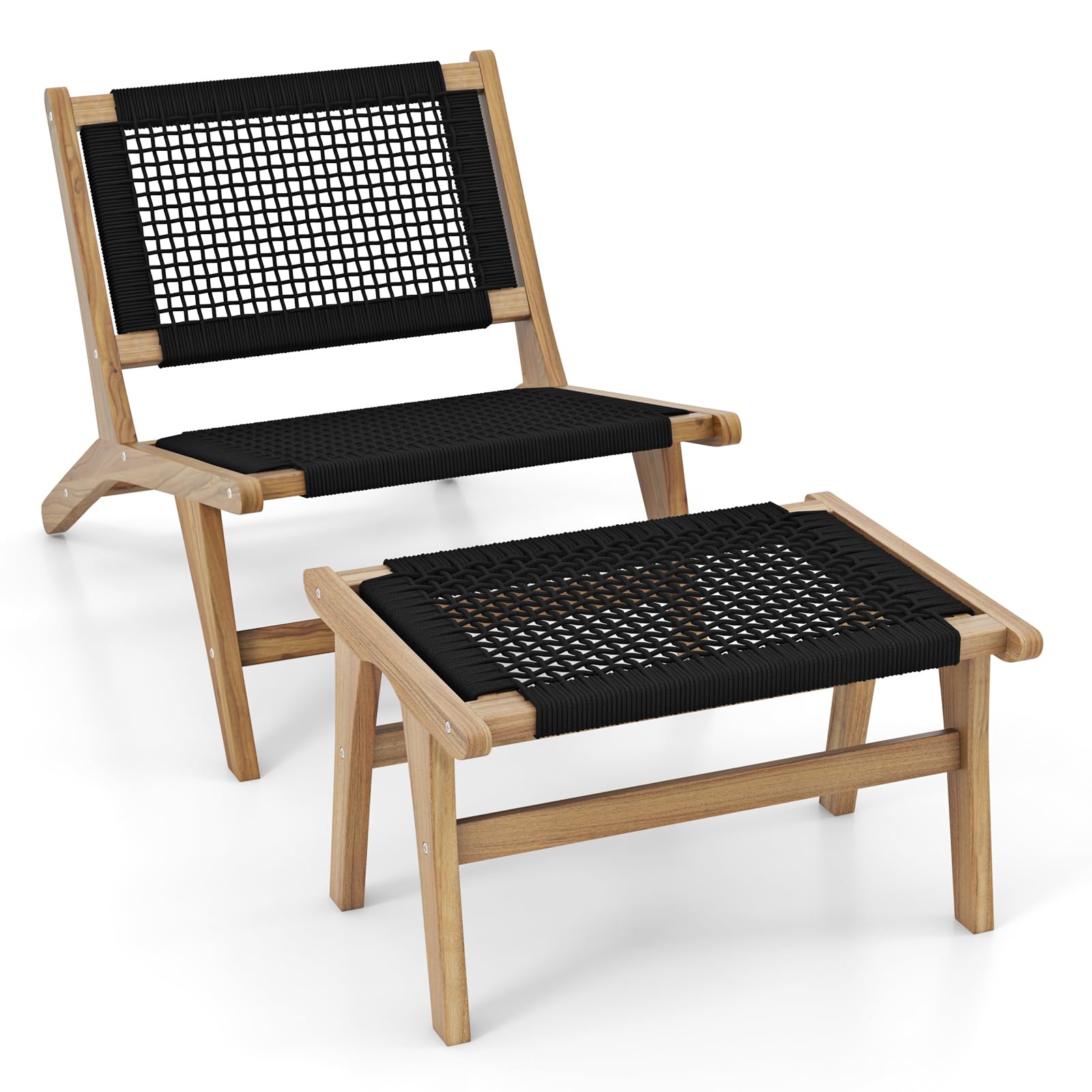 Tangkula Mid Century Modern Accent Chair with Ottoman, Farmhouse Handwoven Cordage Living Room Chair